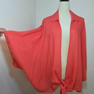 Made in Italy Coral 100% Linen Batwing Sleeve Twist Waist Shirt Lagenlook OS